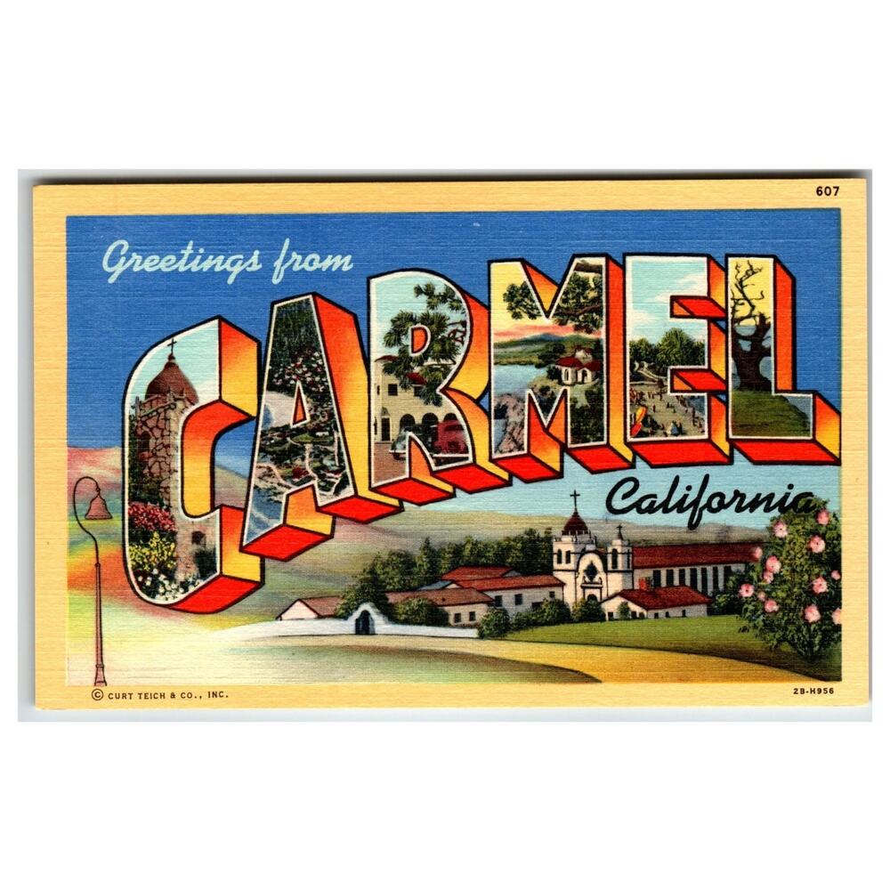 Greetings from Carmel California Large Letter Linen Postcard Curt Teich